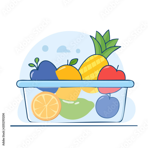 Flat design illustration of fresh fruit in a clear container