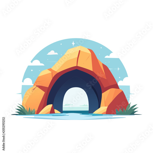 Flat illustration of a cave entrance with water and sky