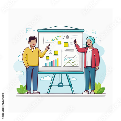 Two people presenting data and charts on a presentation board