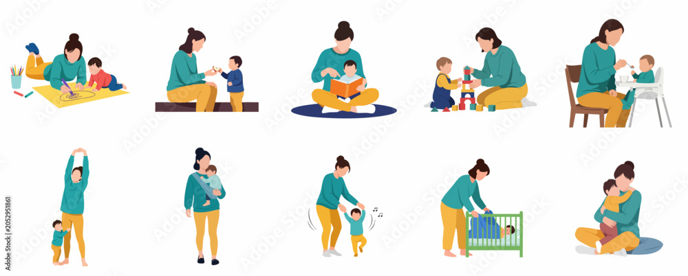 Fototapeta premium Mother and baby daily routine activities set, collection of motherhood and childcare concepts in flat vector style
