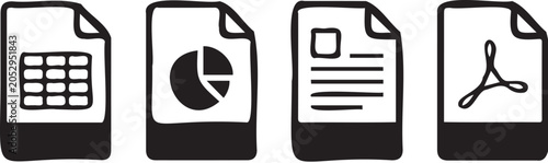 Schilderij op canvas Set of four black and white vector graphic icons representing different file for