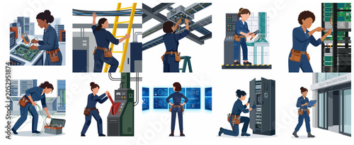 Foto Set of illustrations featuring a female electrical technician and engineer performing various industrial maintenance and technical repair tasks in a modern flat vector style