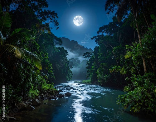 Lush rainforest scene at night. A bright full moon illuminates the river flowing through the dense, green vegetation. Mist hugs the distant hills