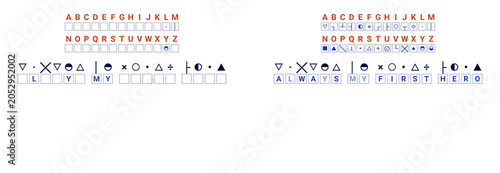 Fotografia A symbolic cryptogram with the encrypted phrase Always my first hero, three open letters