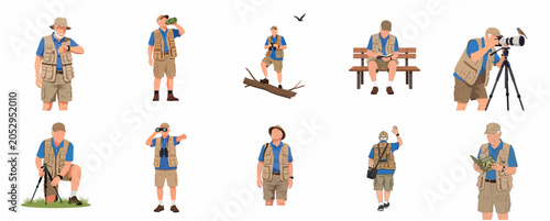 Canvastavla Set of flat vector illustrations of an elderly man engaged in bird watching, pho