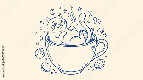 Foto Whimsical cat lounges in steaming teacup surrounded by stars and sweets indoors