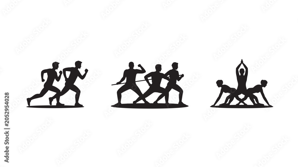 Obraz premium Fitness Silhouette Icons Set with Running and Yoga Poses