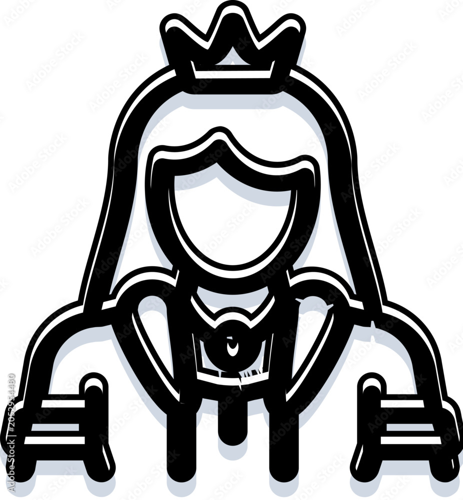 Naklejka premium Queen or princess outline illustration wearing crown and royal attire, minimalist black and white emblem symbolizing regal elegance, authority, nobility and feminine leadership