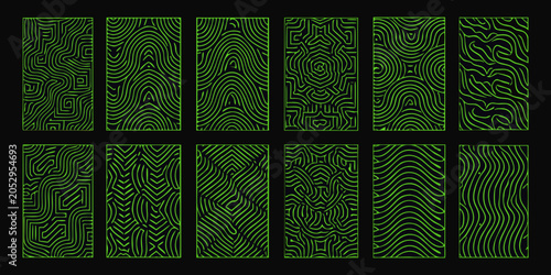 Foto Distorted grid pattern with neon green lines on black background