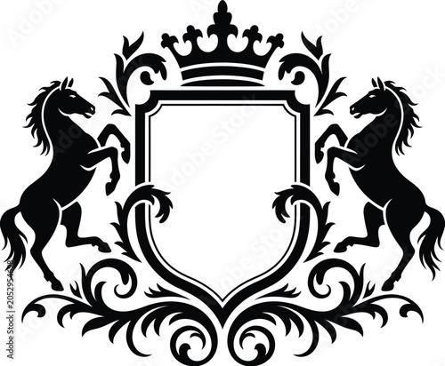 Tablou pe pânză Royal Heraldic Shield with Crown and Rearing Horses Ornate Vector Crest Featurin