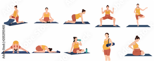 Фотография Pregnant woman practicing prenatal yoga and fitness exercises set, flat vector illustration