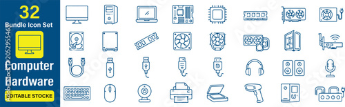Obraz na płótnie Computer Hardware Vector Outline Icons Set – PC Components, Computer Devices, Ac