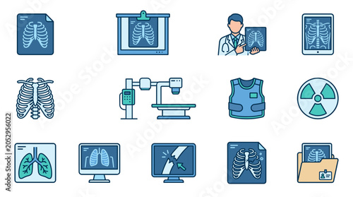 Medical radiology icon set with xray machine doctor ribcage skeleton lung broken bone monitor radiation symbol and apron