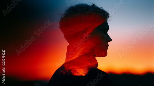 Conceptual double exposure of a person's silhouette and windswept textures at twilight