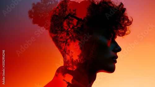 Artistic double exposure portrait of a young person merged with a tree against a warm orange sunset