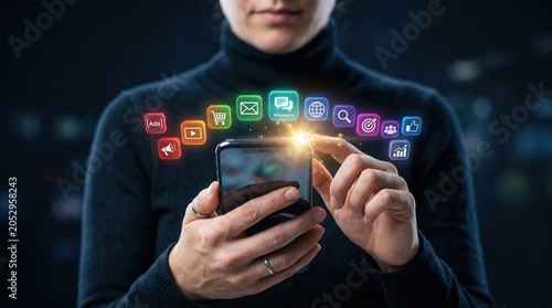 A person interacting with a smartphone, with colorful app icons floating above the screen, symbolizing digital connectivity and mobile technology