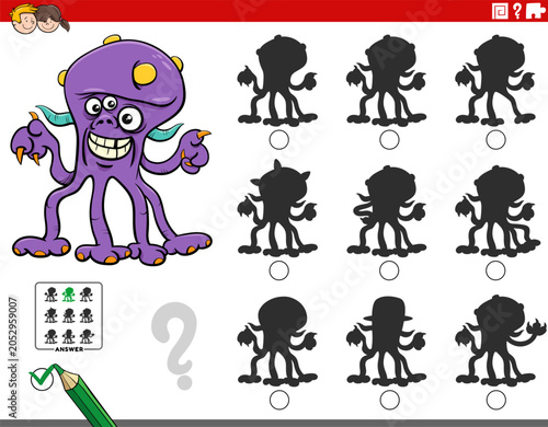 shadow puzzle activity with funny cartoon monster character