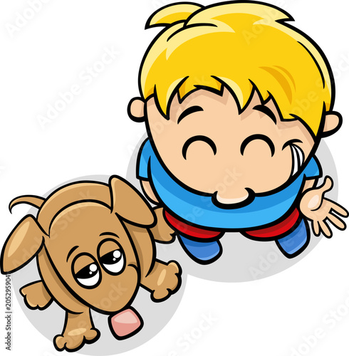 funny cartoon happy little boy character with his pet puppy