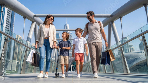 Happy family with two young boys walking with shopping bags and a scooter on a pedestrian bridge in Dubai Marina, United Arab Emirates.