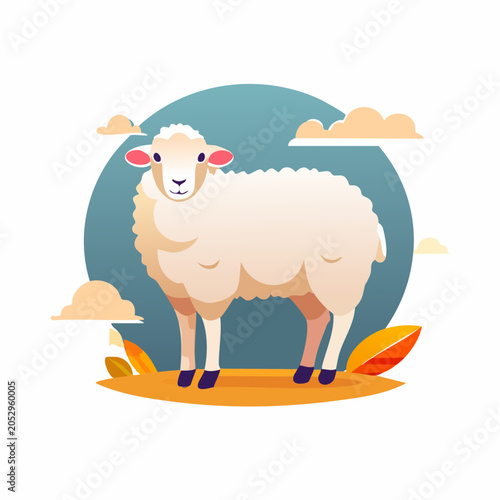 Stylized illustration of a fluffy sheep standing in a field