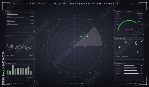 Cuadro en lienzo Futuristic hud ui dashboard with radar screen and digital data telemetry interfa