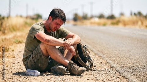 Tired and exhausted male backpacker sweating and resting on the roadside of a hot rural road.