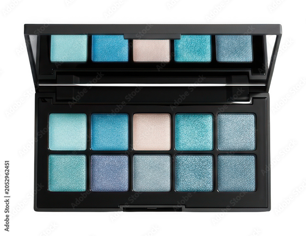 Fototapeta premium Vibrant open makeup eyeshadow palette displaying shimmering blue, aqua, and nude isolated transparent background image