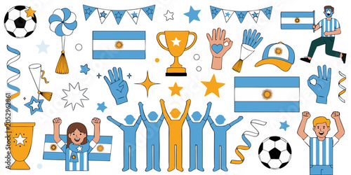 Cuadro en lienzo Argentina fan celebration elements with flags trophies soccer balls and cheering
