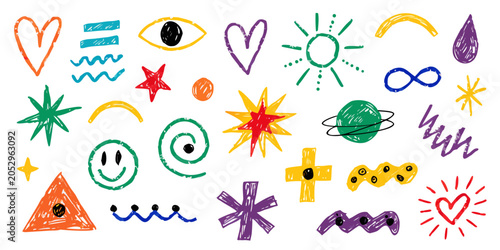 Bild auf Leinwand Hand drawn doodles with crayon texture in a colorful array of shapes and symbols