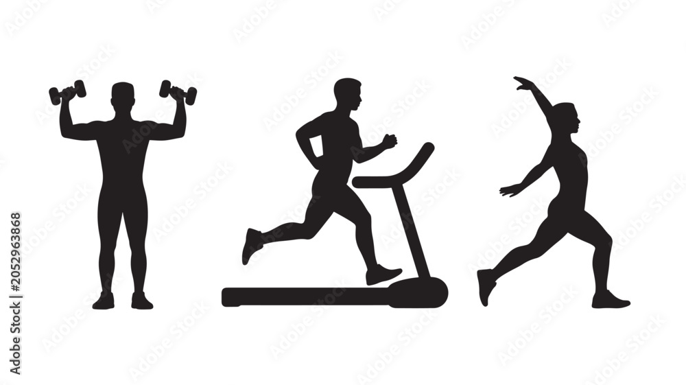 Obraz premium Silhouette of people exercising with dumbbells and on a treadmill for fitness concepts