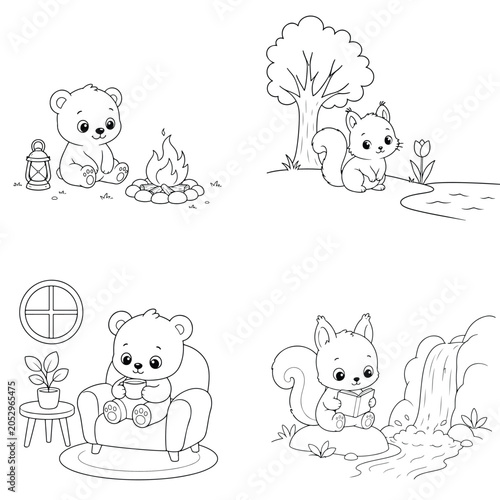 Cute animal coloring sheet with bear squirrel fireplace and waterfall scenes squirrel coloring campfire waterfall illustration activity