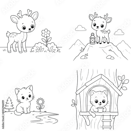 Cute cartoon animal coloring page set with deer and cat characters in various outdoor scenes and nature environments coloring illustration