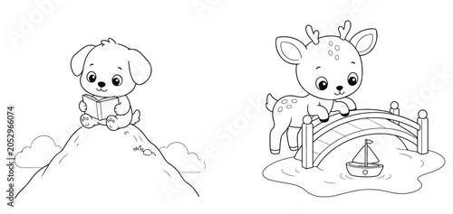 Coloring page featuring cute dog on mountain and deer playing with toy boat on bridge vector illustration mountain coloring illustration