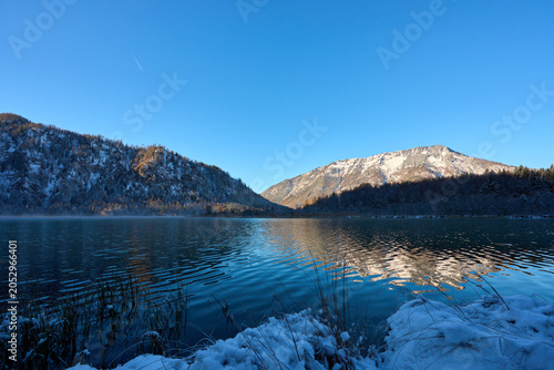 Panoramic view of the Offensee mountain river with an Alpine landscape, Upper Austria.