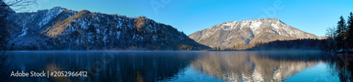 Panoramic view of the Offensee mountain river with an Alpine landscape, Upper Austria.