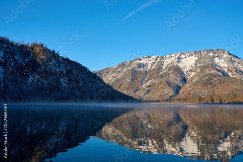 Panoramic view of the Offensee mountain river with an Alpine landscape, Upper Austria.