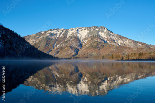 Panoramic view of the Offensee mountain river with an Alpine landscape, Upper Austria.