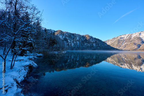 Panoramic view of the Offensee mountain river with an Alpine landscape, Upper Austria.