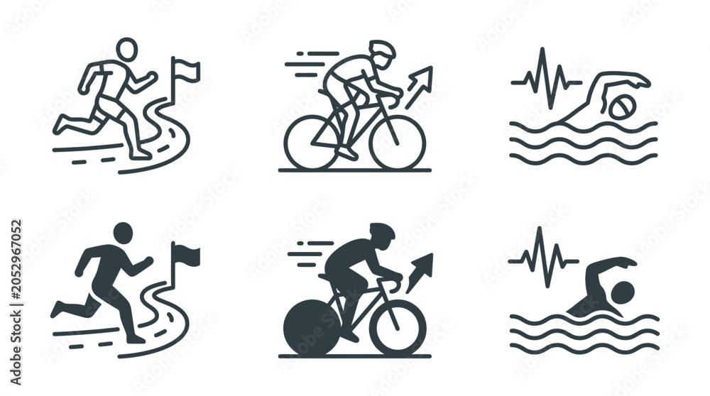 Obraz premium Triathlon sport icons including running cycling swimming and heart rate tracking symbols for athletic performance