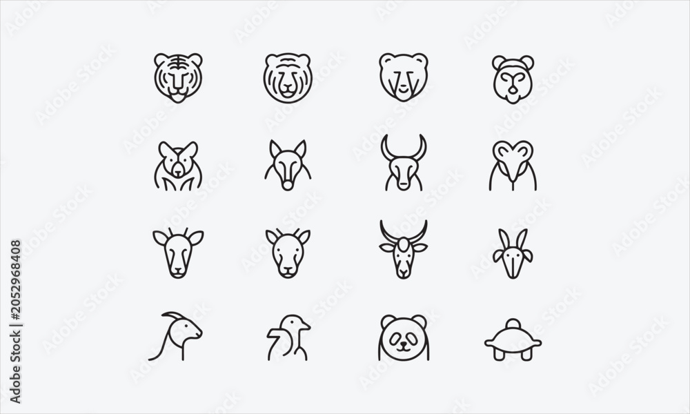 Fototapeta premium Animals. Elephant, tiger, lion, monkey, bear, deer, fox, camel, horse, cow, goat, bird, panda. line art icon set vector illustration