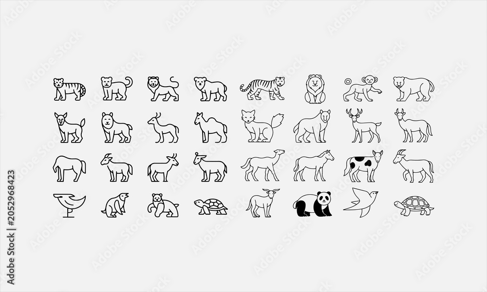 Fototapeta premium Animals. Elephant, tiger, lion, monkey, bear, deer, fox, camel, horse, cow, goat, bird, panda. line art icon set vector illustration