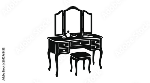 Photos Antique vanity table with stool black silhouette on white background