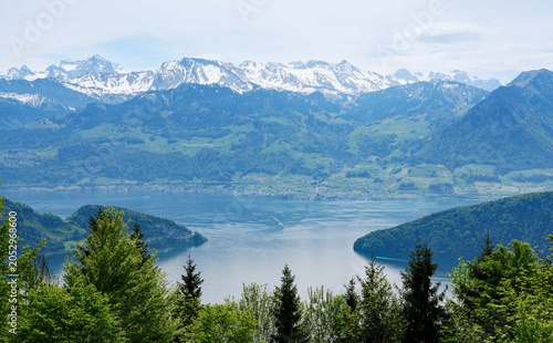Scenic view from Rigi Kaltbad overlooking Lake Lucerne, surrounded by lush greenery and majestic snow-capped mountains in the Swiss Alps during a clear day