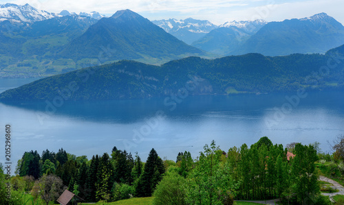 Scenic view from Rigi Kaltbad overlooking Lake Lucerne, surrounded by lush greenery and majestic mountains under a clear blue sky in Switzerland