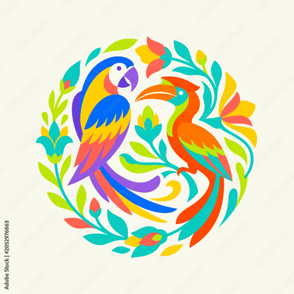 Fototapeta premium Macaw and hornbill birds in circular tropical garden illustration.