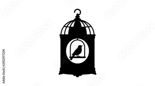 Canvastavla Birdcage Silhouette With Bird Black And White Graphic Design
