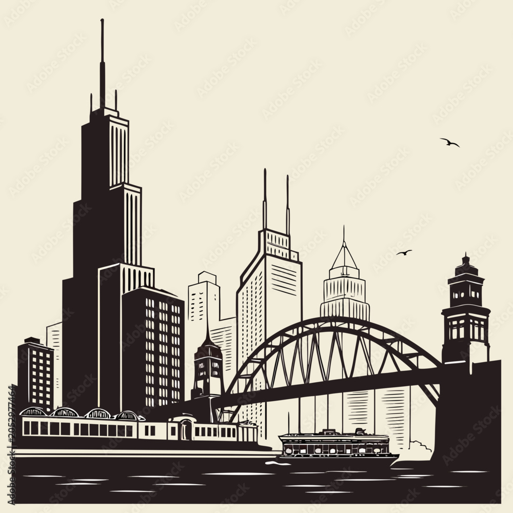 Obraz premium Urban cityscape illustration featuring skyscrapers and river bridge cityscape skyscrapers architecture metropolis
