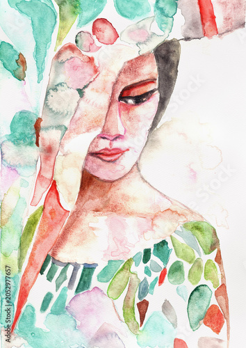 Imaginary Woman Behind a Curtain with Coral Face, Hand Painted Watercolor