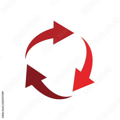 A minimalist vector design of three red curved arrows arranged in a continuous circular rotation pattern, isolated on a solid white background