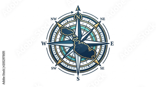 Tablou pe pânză Compass Rose with Island Silhouette Navigation Tool.